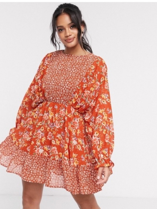 ASOS Dresses & Skirts - ASOS DESIGN Mixed Floral Mini Skater Dress Rust Red Boho Size 6 Womens EUC Sheer